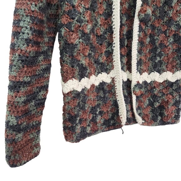 Handmade Vintage Crocheted Knit Cardigan Brown Green Granny Grandmacore XL - Picture 6 of 15
